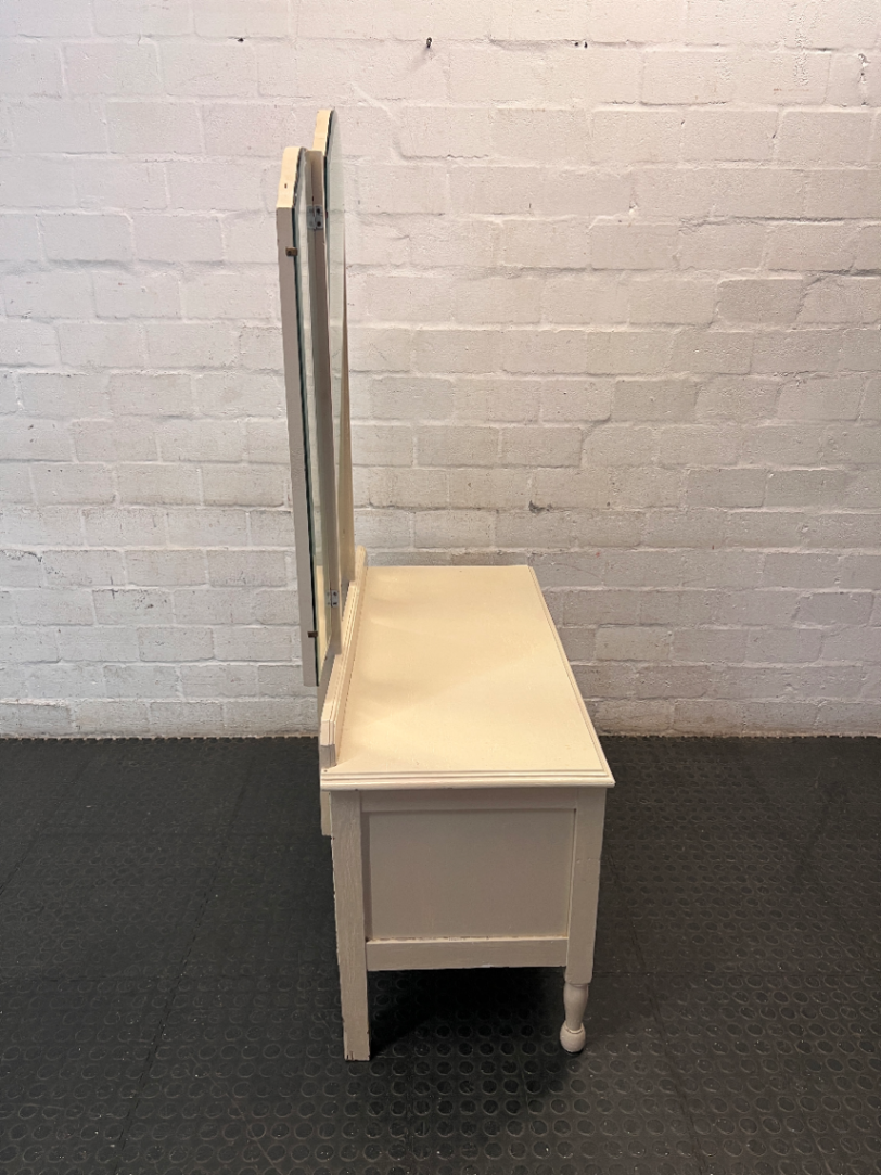 Cream and Wood Dressing Table with Tri-Fold Mirror — Fair Used Condition