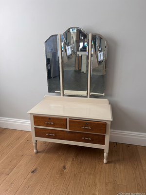 Cream and Wood Dressing Table with Tri-Fold Mirror — Fair Used Condition