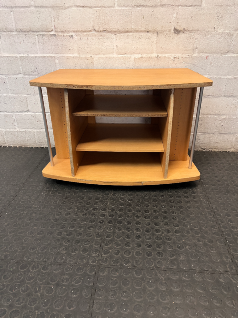 Curved Oak Finish TV Unit with Silver Accents — Damaged Wood Veneer Edge Banding