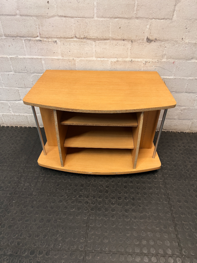 Curved Oak Finish TV Unit with Silver Accents — Damaged Wood Veneer Edge Banding