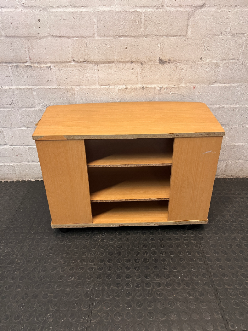 Curved Oak Finish TV Unit with Silver Accents — Damaged Wood Veneer Edge Banding