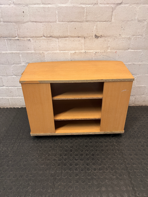 Curved Oak Finish TV Unit with Silver Accents — Damaged Wood Veneer Edge Banding