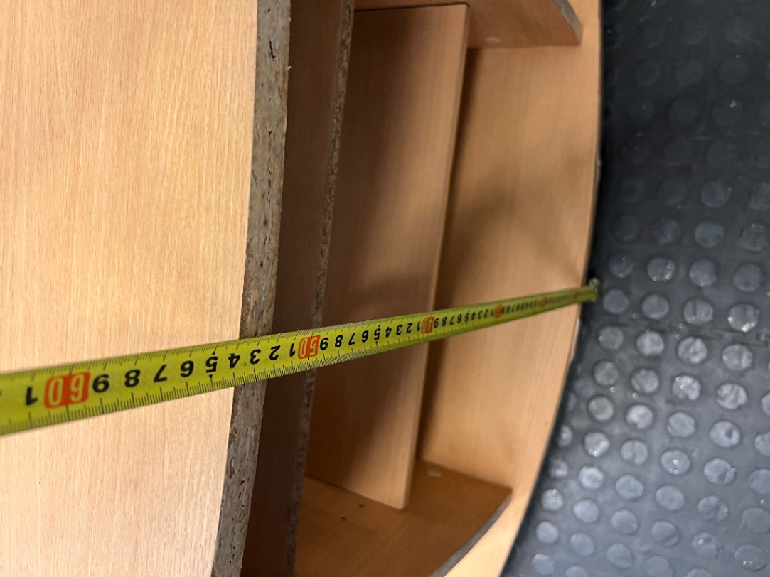 Curved Oak Finish TV Unit with Silver Accents — Damaged Wood Veneer Edge Banding