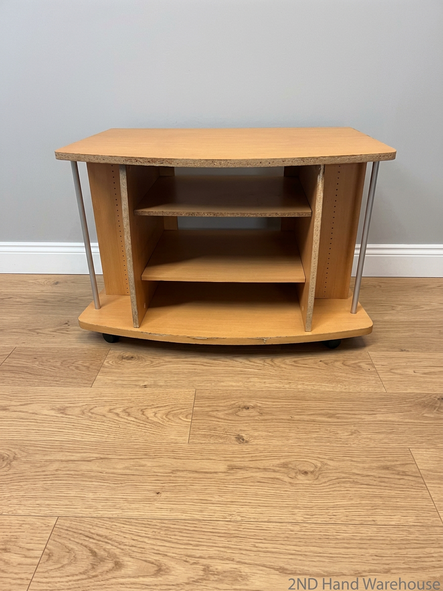 Curved Oak Finish TV Unit with Silver Accents — Damaged Wood Veneer Edge Banding