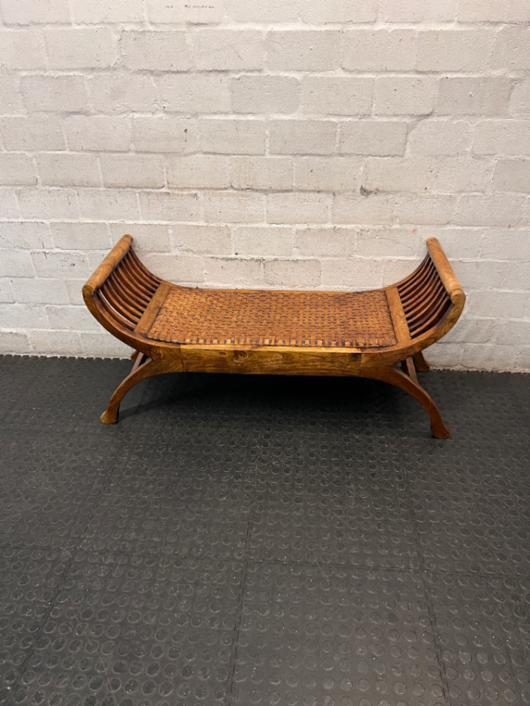Curved Wood Bench with Woven Leather-Style Seat — Good Working Order