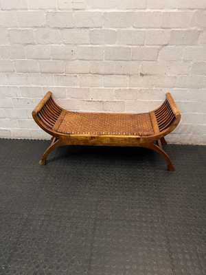 Curved Wood Bench with Woven Leather-Style Seat — Good Working Order