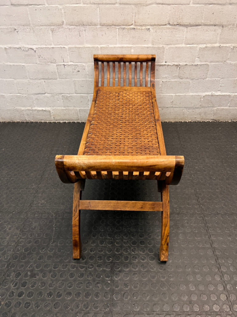 Curved Wood Bench with Woven Leather-Style Seat — Good Working Order
