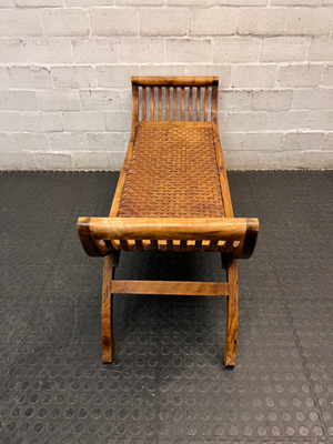 Curved Wood Bench with Woven Leather-Style Seat — Good Working Order