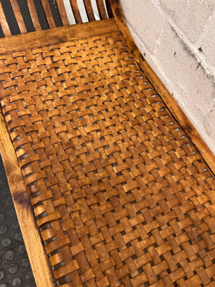 Curved Wood Bench with Woven Leather-Style Seat — Good Working Order