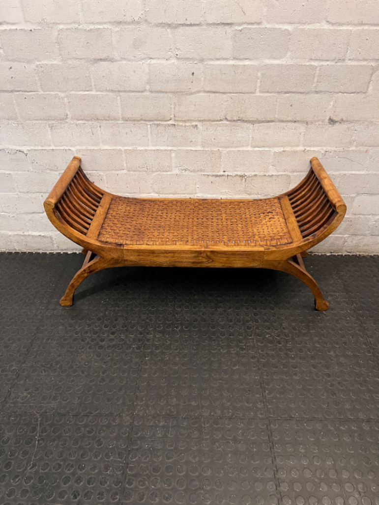 Curved Wood Bench with Woven Leather-Style Seat — Good Working Order