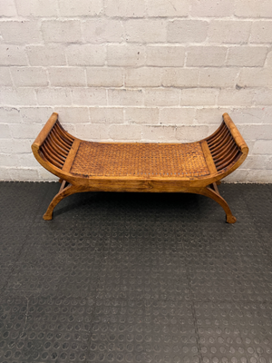 Curved Wood Bench with Woven Leather-Style Seat — Good Working Order