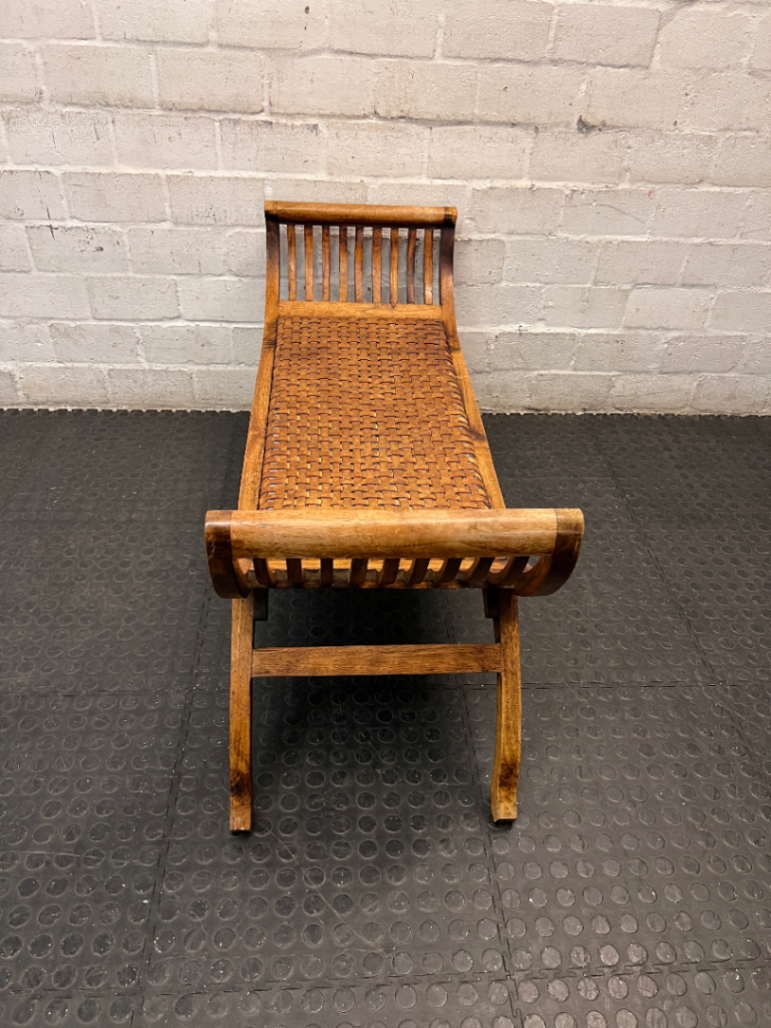 Curved Wood Bench with Woven Leather-Style Seat — Good Working Order