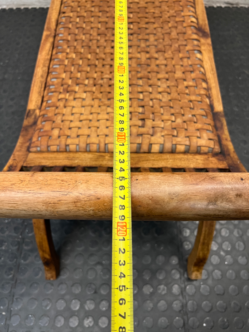 Curved Wood Bench with Woven Leather-Style Seat — Good Working Order