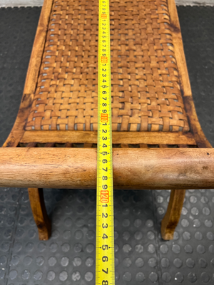 Curved Wood Bench with Woven Leather-Style Seat — Good Working Order