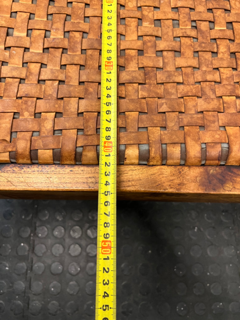 Curved Wood Bench with Woven Leather-Style Seat — Good Working Order