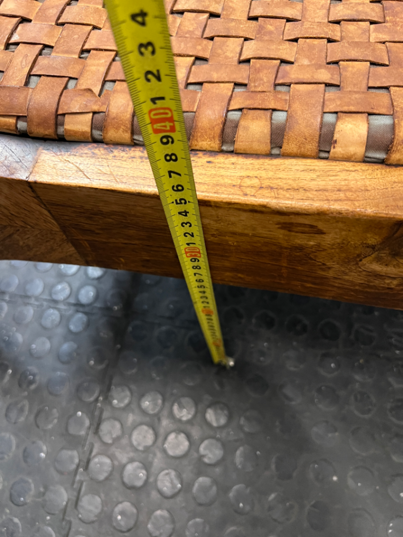 Curved Wood Bench with Woven Leather-Style Seat — Good Working Order