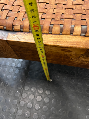 Curved Wood Bench with Woven Leather-Style Seat — Good Working Order