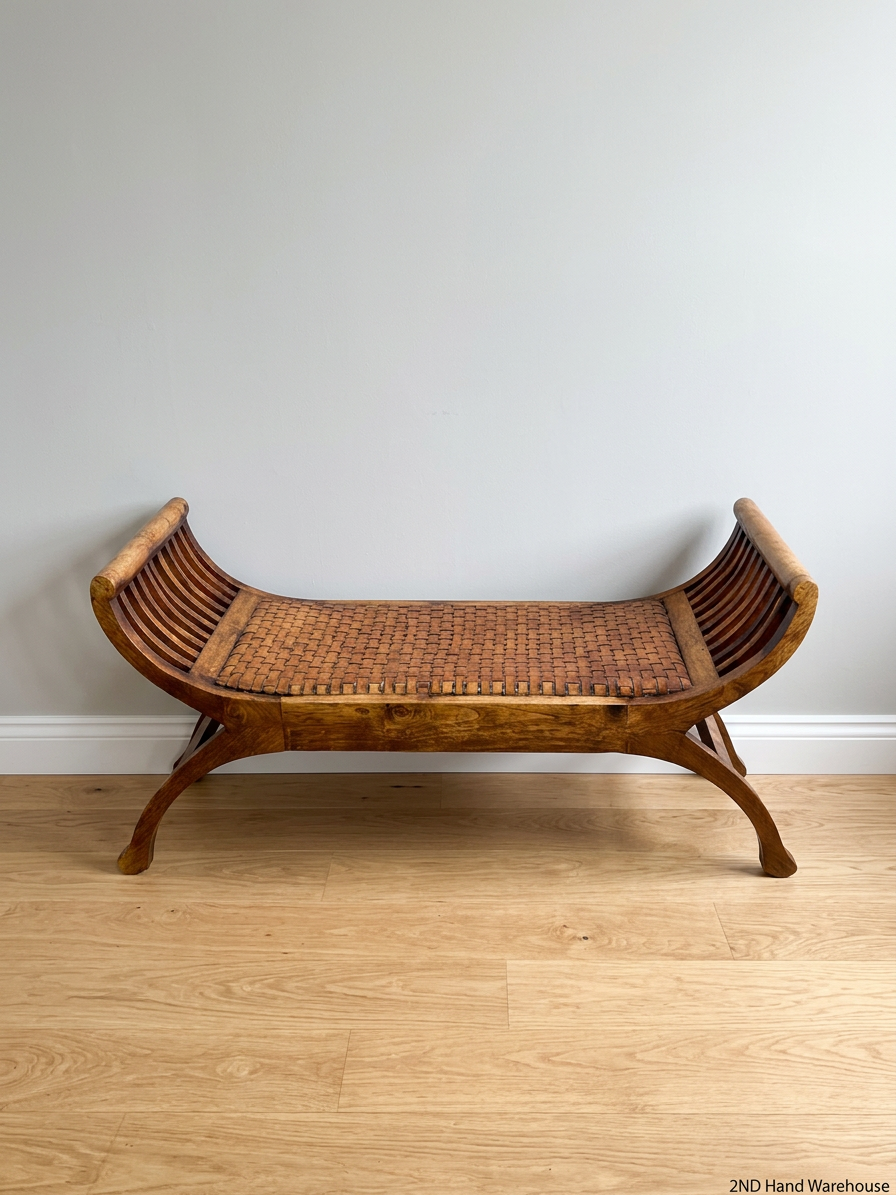 Curved Wood Bench with Woven Leather-Style Seat — Good Working Order