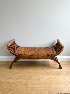 Curved Wood Bench with Woven Leather-Style Seat — Good Working Order