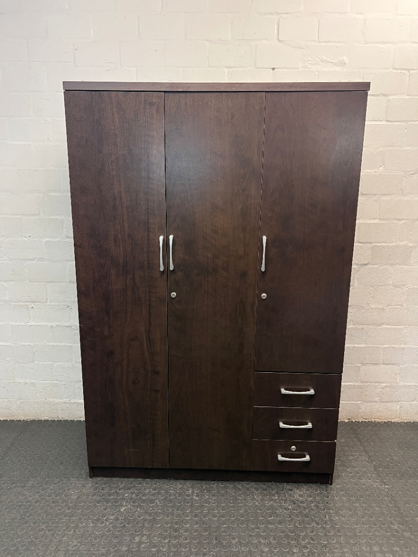 Dark Brown 3-Door Wardrobe with Drawers — Good Working Order