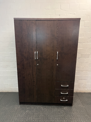 Dark Brown 3-Door Wardrobe with Drawers — Good Working Order