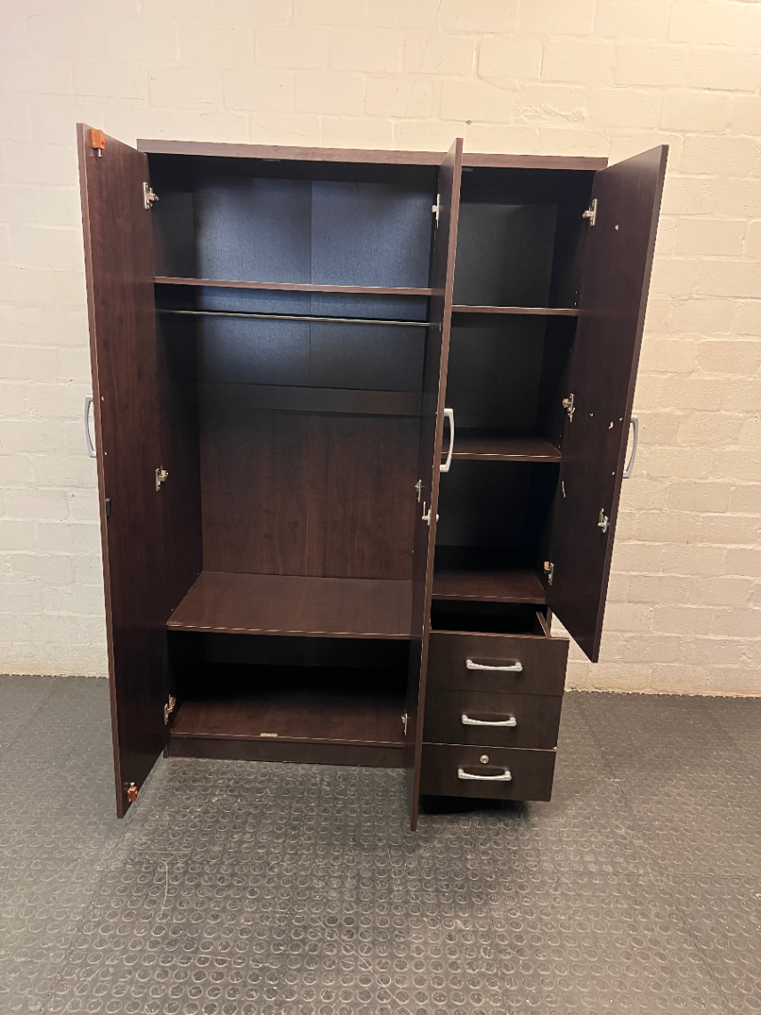 Dark Brown 3-Door Wardrobe with Drawers — Good Working Order