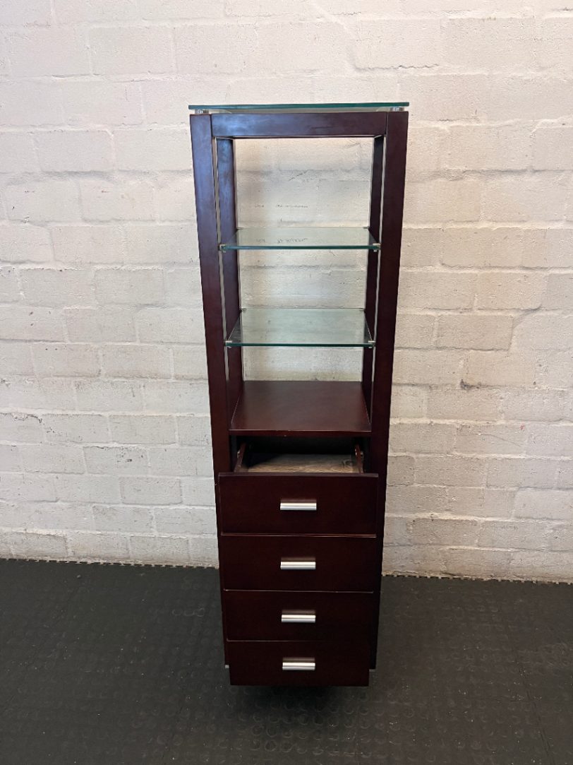 Dark Brown Antique-Style Cabinet with Glass Shelves and 4 Drawers - 2ndhandwarehouse.com