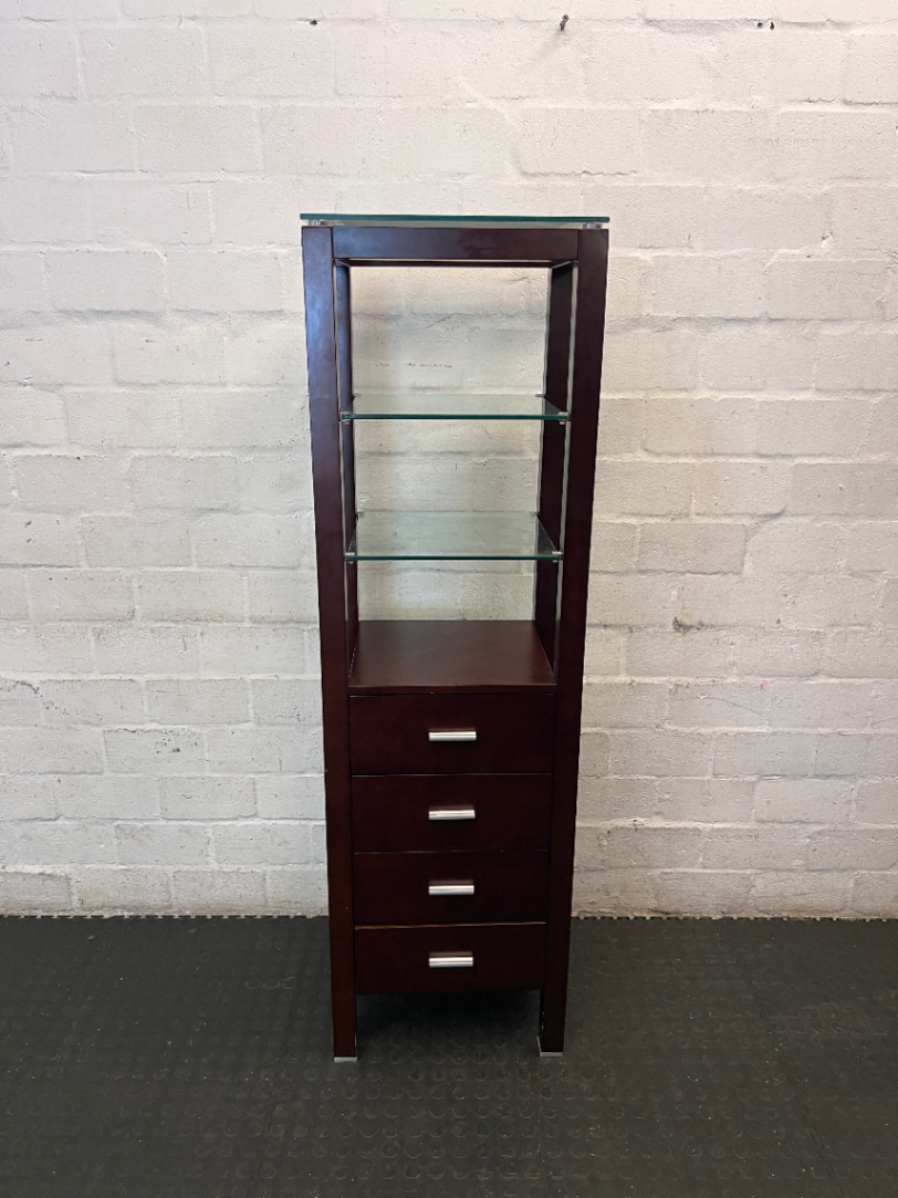 Dark Brown Antique-Style Cabinet with Glass Shelves and 4 Drawers - 2ndhandwarehouse.com