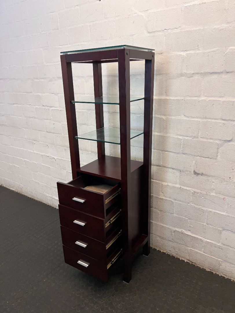 Dark Brown Antique-Style Cabinet with Glass Shelves and 4 Drawers - 2ndhandwarehouse.com