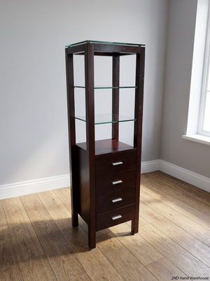 Dark Brown Antique-Style Cabinet with Glass Shelves and 4 Drawers - 2ndhandwarehouse.com