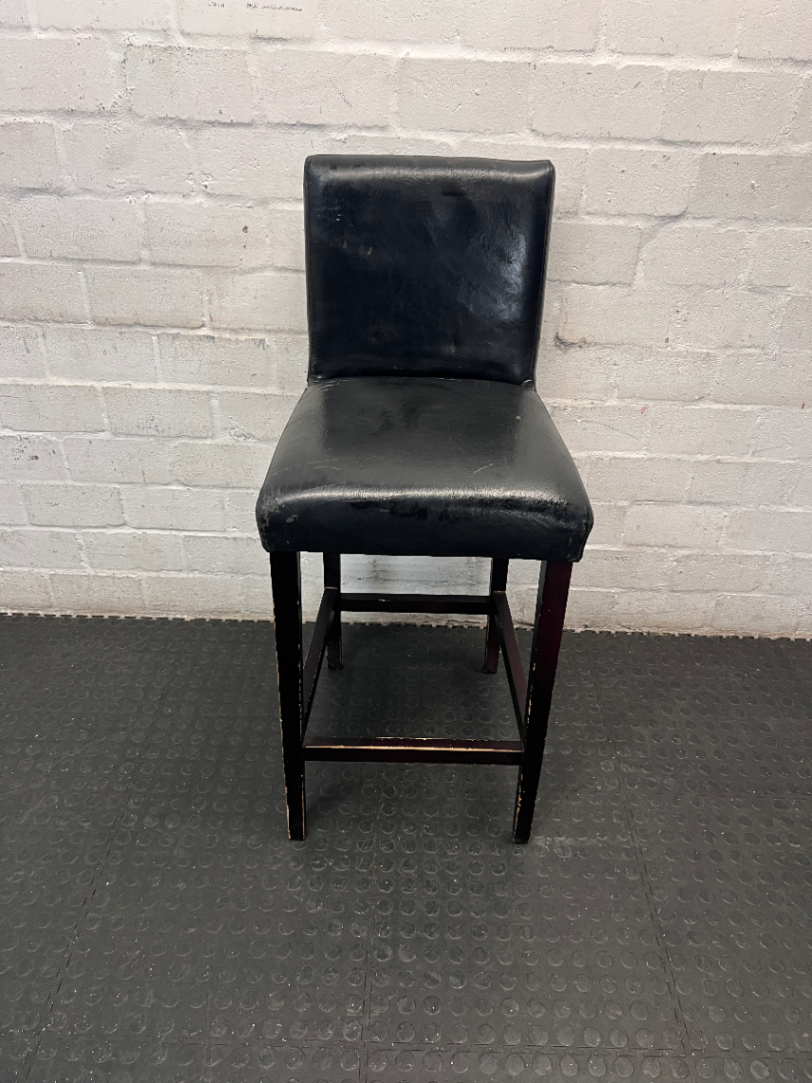 Dark Faux-Leather Upholstered Bar Stool — Well Used with Heavy Surface Wear