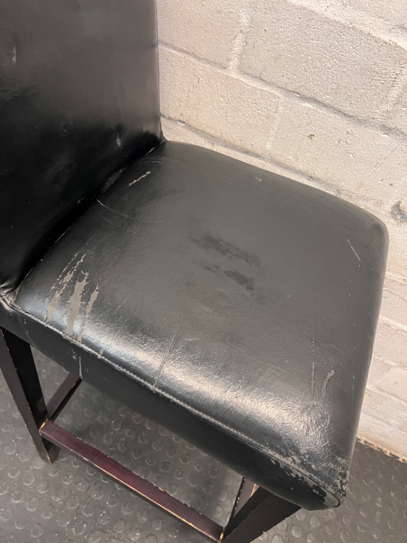 Dark Faux-Leather Upholstered Bar Stool — Well Used with Heavy Surface Wear