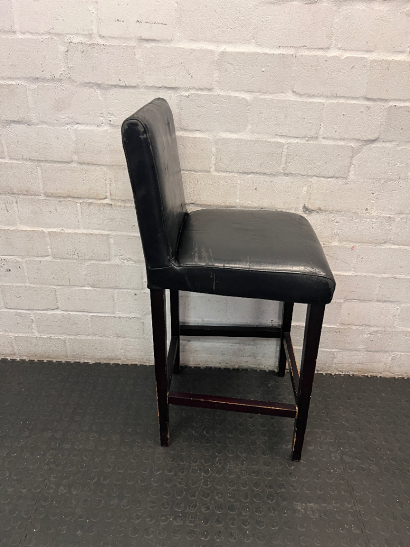 Dark Faux-Leather Upholstered Bar Stool — Well Used with Heavy Surface Wear