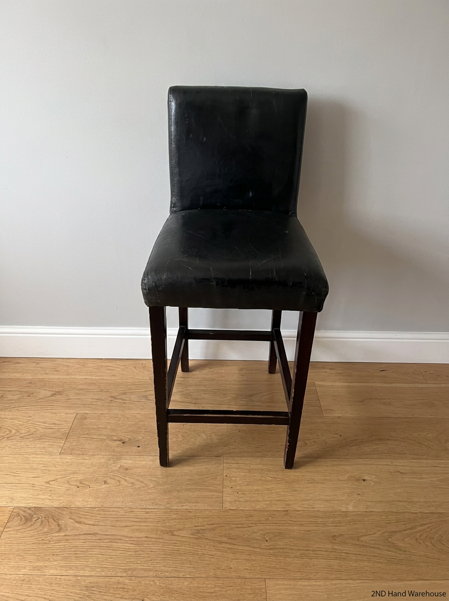 Dark Faux-Leather Upholstered Bar Stool — Well Used with Heavy Surface Wear
