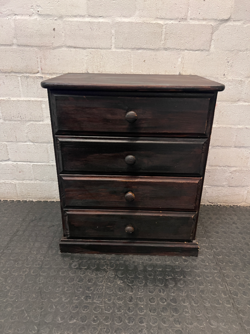 Dark Stained Wooden 4-Drawer Chest — Visible Wear and Surface Marks