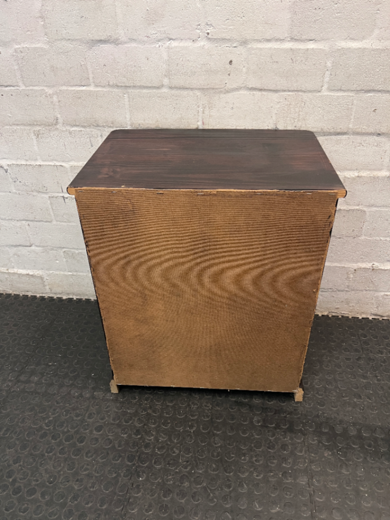 Dark Stained Wooden 4-Drawer Chest — Visible Wear and Surface Marks