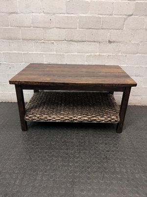 Dark Wood Coffee Table with Woven Storage Shelf — Used; Fair condition