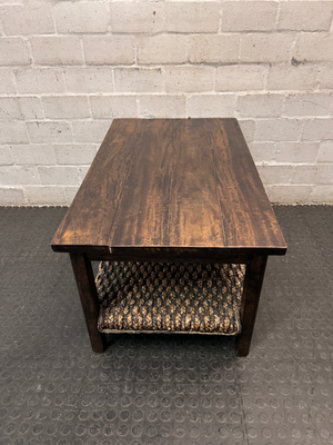 Dark Wood Coffee Table with Woven Storage Shelf — Used; Fair condition