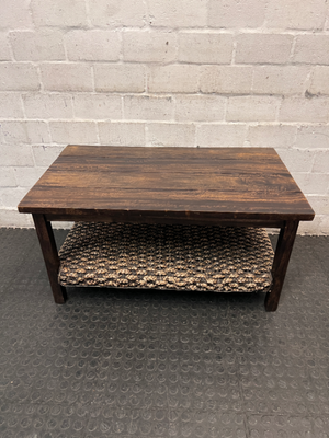 Dark Wood Coffee Table with Woven Storage Shelf — Used; Fair condition