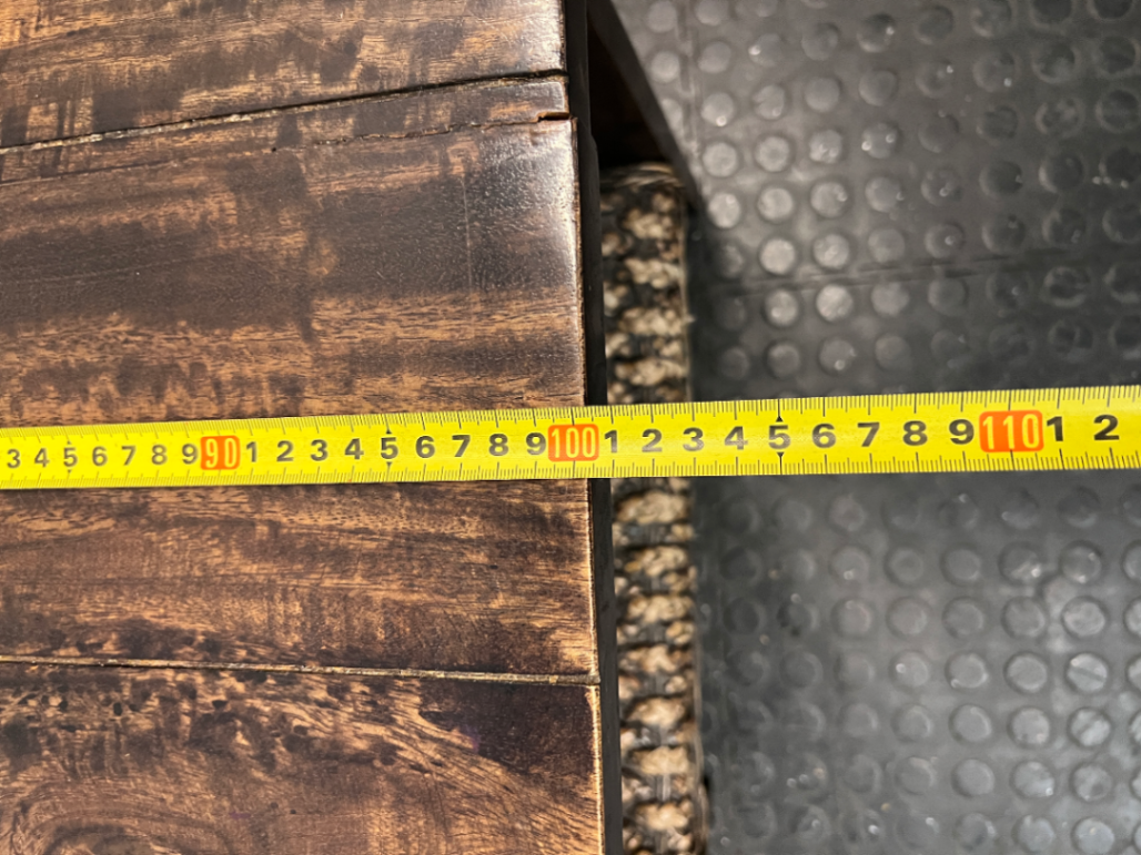 Dark Wood Coffee Table with Woven Storage Shelf — Used; Fair condition
