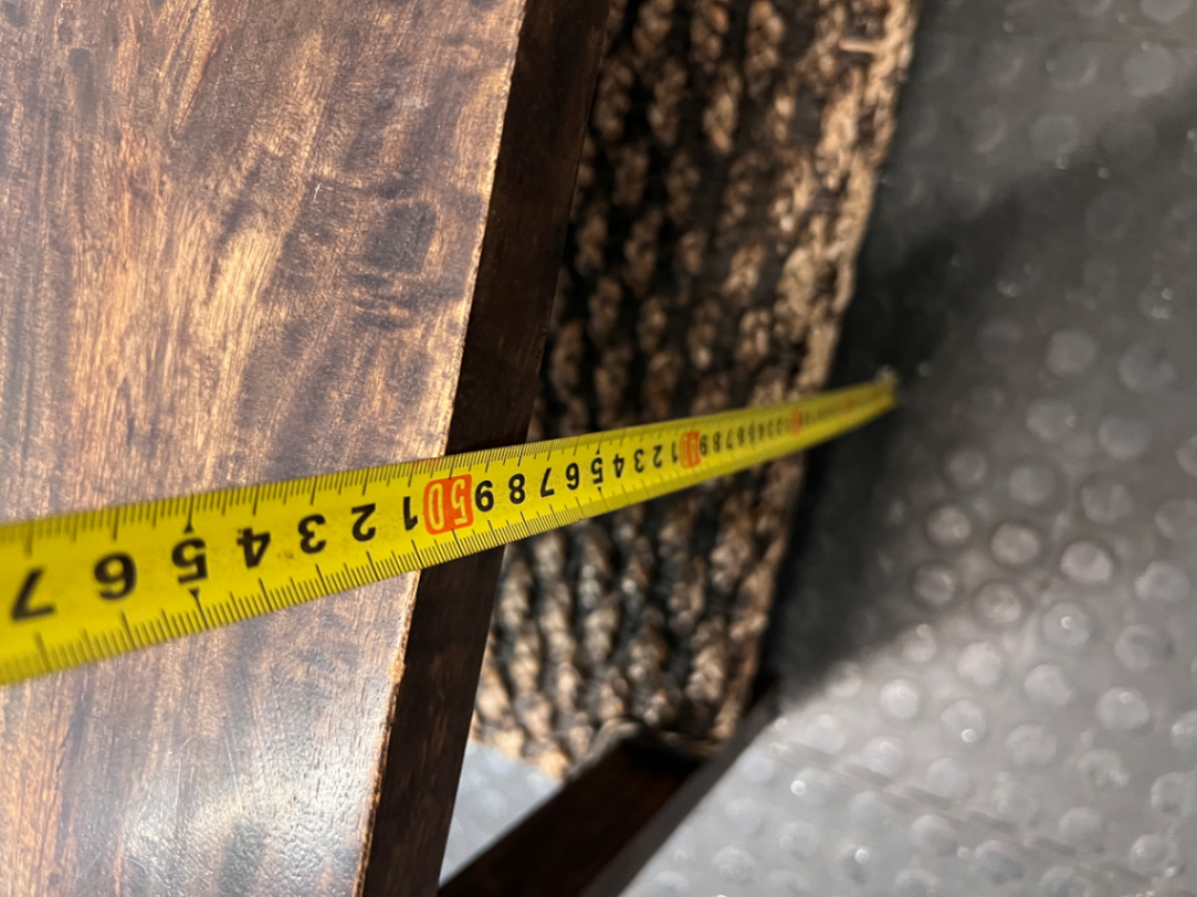 Dark Wood Coffee Table with Woven Storage Shelf — Used; Fair condition