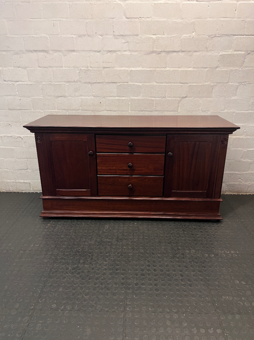 Dark Wood 3-Drawer Sideboard with Cupboards — Well-Maintained Condition