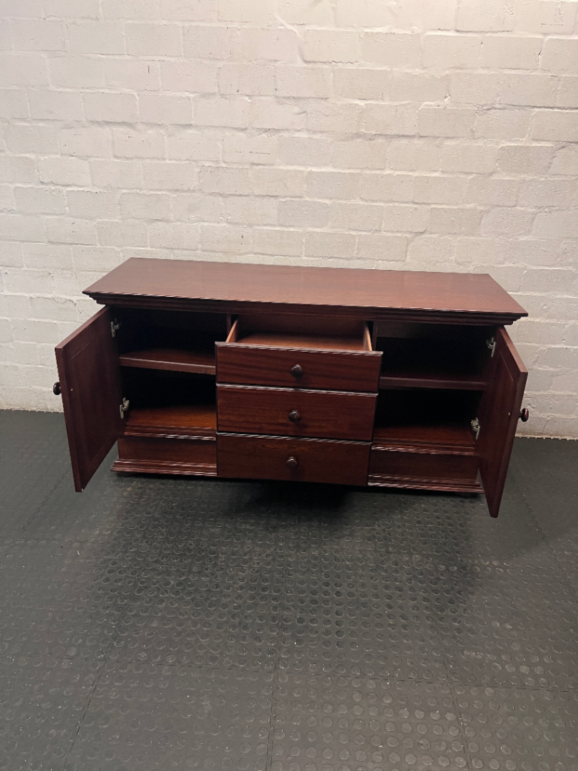 Dark Wood 3-Drawer Sideboard with Cupboards — Well-Maintained Condition