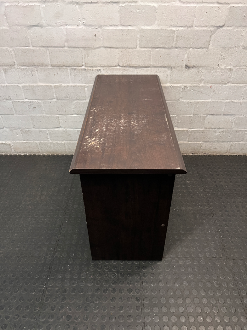 Dark Wood-Look Office Desk with Three Drawers — Poor Condition with Surface Wear