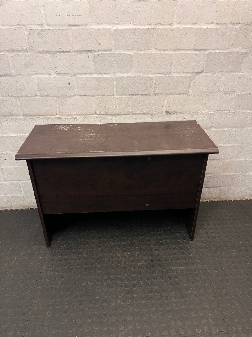 Dark Wood-Look Office Desk with Three Drawers — Poor Condition with Surface Wear