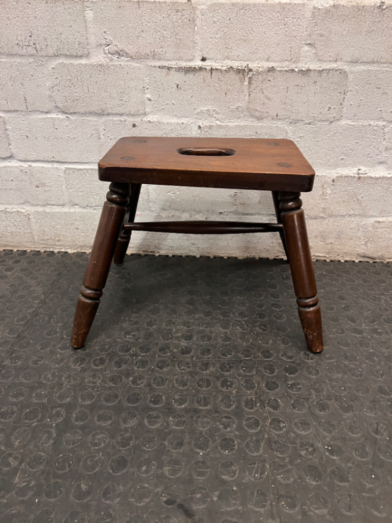 Dark Wood Low Stool with Carry Handle — Minor Surface Wear and Leg Scuffing