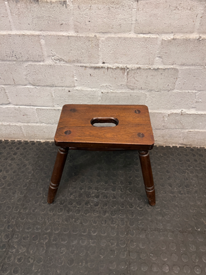 Dark Wood Low Stool with Carry Handle — Minor Surface Wear and Leg Scuffing