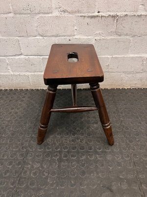 Dark Wood Low Stool with Carry Handle — Minor Surface Wear and Leg Scuffing