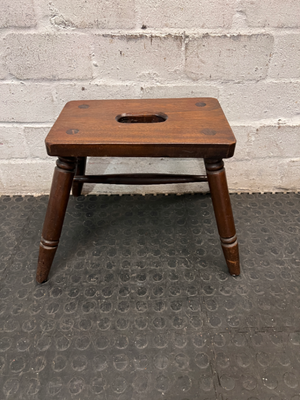 Dark Wood Low Stool with Carry Handle — Minor Surface Wear and Leg Scuffing