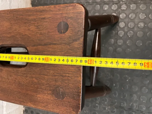 Dark Wood Low Stool with Carry Handle — Minor Surface Wear and Leg Scuffing